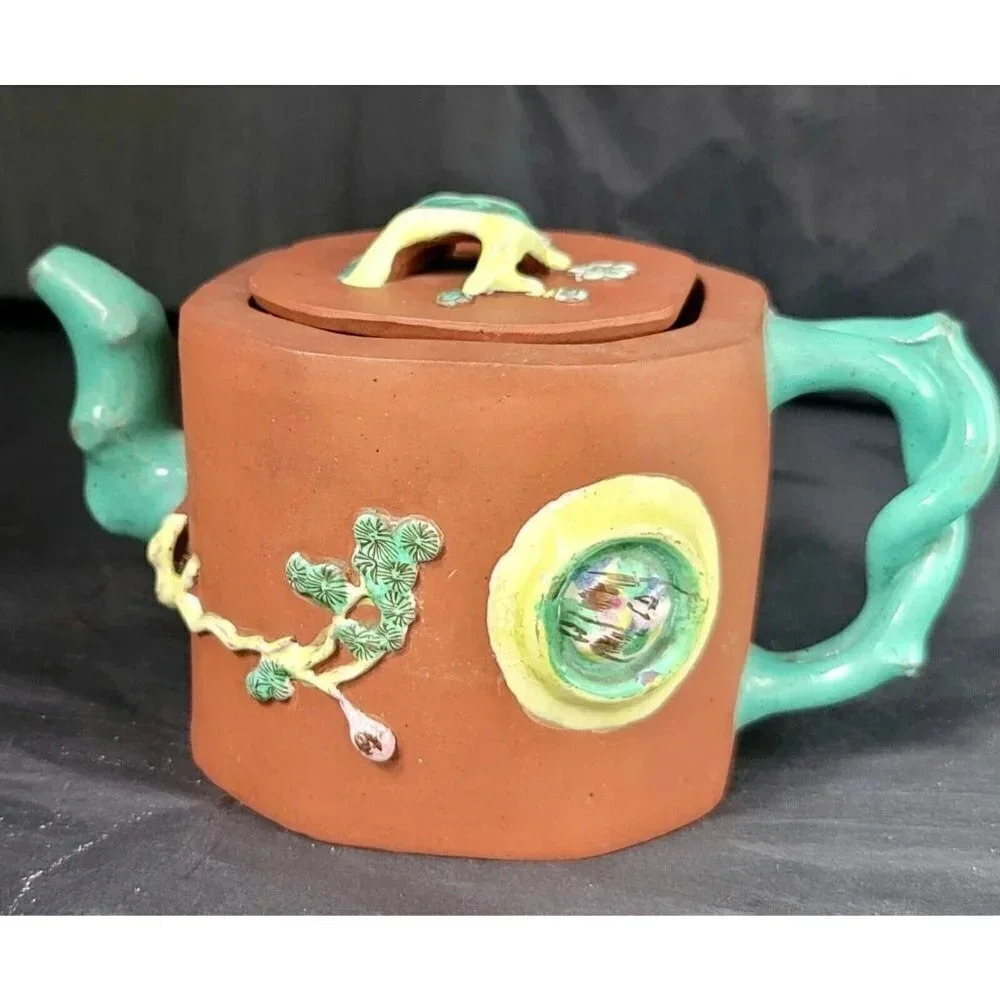 Antique Chinese Yixing Zisha Clay Teapot With Colorful Glaze Of 3 WINTER FRIENDS